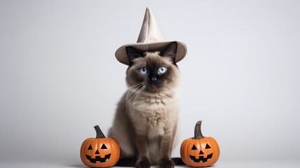 a photograph of cute siamese cat use witch hat for halloween celebration generative ai