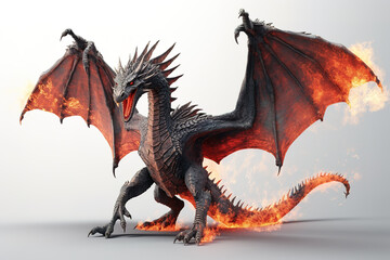 Image of a dragon with spread wings in flight on a white background. Mythical creatures. Illustration, Generative AI.