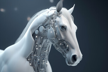 A white horse that is a futuristic machine of the future world. Wildlife Animals. Illustration, Generative AI.