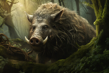 Fototapeta premium Image of wild boar in the fertile forest. Wildlife Animals. Illustration, Generative AI.