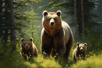 Image of family of cute bears in the forest. Wildlife Animals. Illustration, Generative AI.