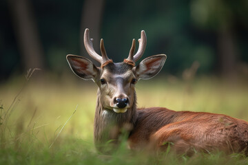 Image of sambar deer resting on green pasture grass on summer. Wildlife Animals. Illustration. Generative AI.