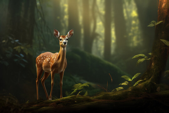 Image of an indian muntjac or common barking deer in the fertile forest. Wildlife Animals. Illustration, Generative AI.