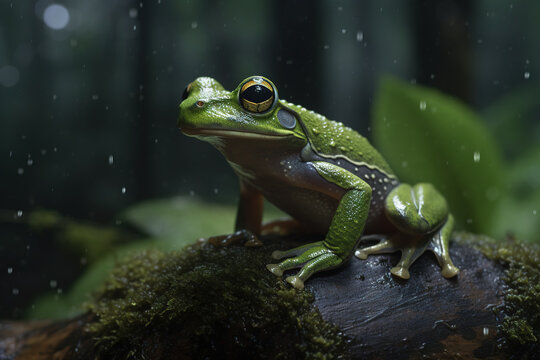 Image of green frog in nature forest. Amphibian. Illustration, Generative AI.