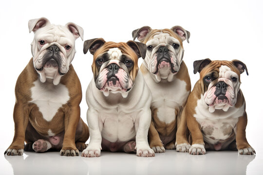 Image of group of bulldogs on a white background. Pet. Animals. Illustration, Generative AI.