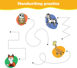 Handwriting practice sheet with vector illustration of cute animals. Owl zebra fox giraffe