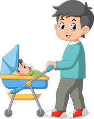 Young smiling man father walking with his baby in stroller