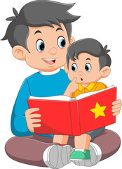 Father and his adorable son having fun reading story book