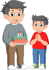 Father and son holding birthday cakes