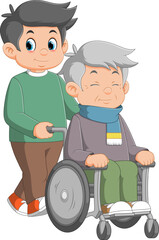The old man on a wheelchair and his adult son