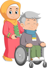 The old man on a wheelchair and his adult daughter