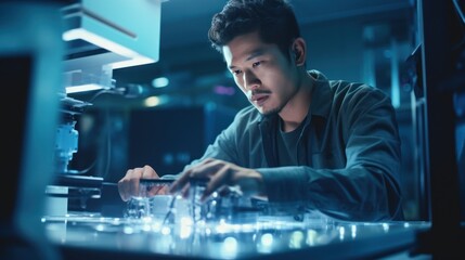 An engineer prints a prototype model on a 3d printer in a laboratory using equipment. Creativity, technology and 3d printing concept.