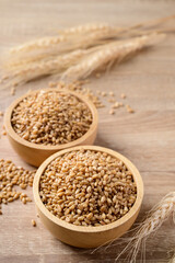 Whole wheat grain in bowl on wooden background, Food ingredients