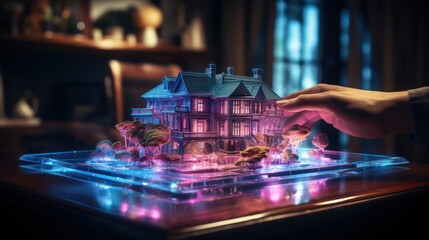 Fototapeta na wymiar Businessman hand touching house hologram modern technology concept 