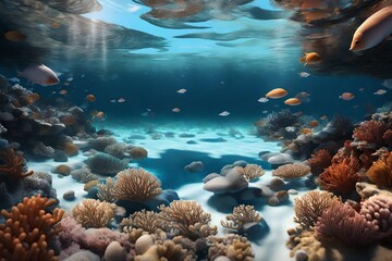 an enchanting 3D rendering scene of a beach with crystal-clear waters that invite underwater exploration. 
