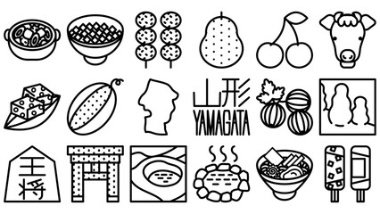 山形県のアイコンセット。シンプルなベクター線画イラスト。 Yamagata prefecture icon set. Simple vector line drawing illustrations.