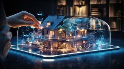 Businessman hand touching house hologram modern technology concept 