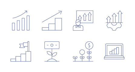 Growth icons. Editable stroke. Containing bar chart, growth, improvement, career, laptop.