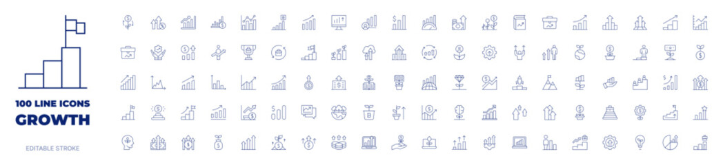 100 icons Growth collection. Thin line icon. Editable stroke.