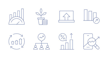 Growth icons. Editable stroke. Containing benchmark, growth, statistics, continuous improvement, interest rate, trading.
