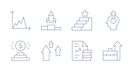 Growth icons. Editable stroke. Containing diagram, start up, stairs, money growth, goal, growth, report, professional.