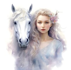 Beautiful girl with horse in fantasy theme, watercolor style.
