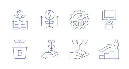 Growth icons. Editable stroke. Containing educative book, growth, management, plant, grow up, planting, promotion.