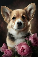 british puppy with pink roses around beautiful dog aged background
