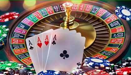 casino roulette and chips, casino games party, a roulette wheel as the central focus and playing cards, wallpaper. Png, Ai Generate 