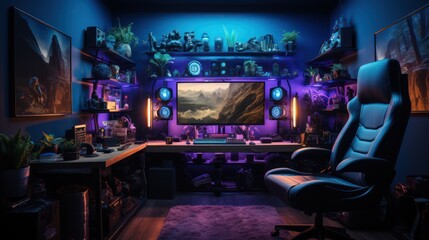 modern gaming room with LGB shining light and gaming set 