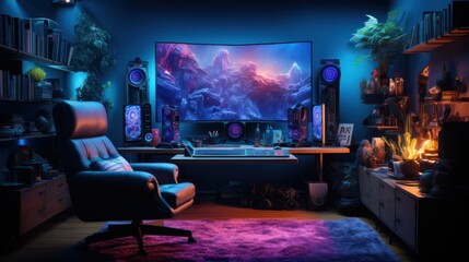 Modern gaming room with gaming chair and pc 