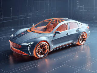 Modern car technology concept with wireframe intersection (3D illustration). Generative AI