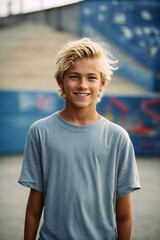Naklejka na ściany i meble Portrait of a smiling teenage male kid at a skate park