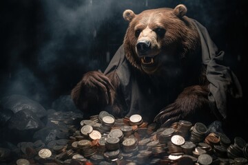 huge angry bear protecting heap of coins, bearmarket metaphore, ai tools generated image