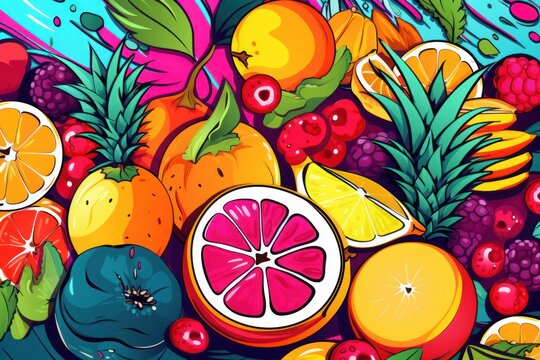 multicolored background with stylized juicy fruits, ai tools generated image
