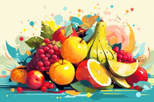 multicolored background with stylized juicy fruits, ai tools generated image