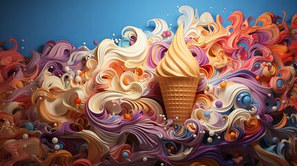 Waffle cone with ice cream pattern and plain blue background.. Made with Generative AI.	