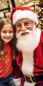 wide angle selfie picture taken with a smart phone of a happy little girl and santa claus looking at the camera inside a shopping mall