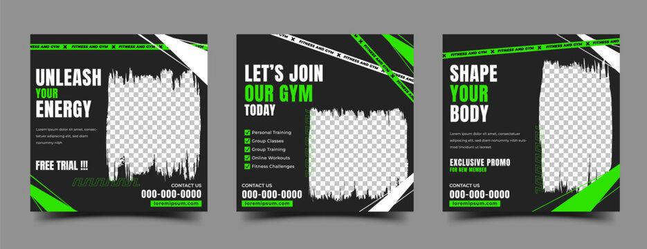 Gym, fitness, and sport social media post template design collection with place for the photo