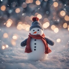 Merry Christmas Background With a Cute Snowman Outdoors in Winter