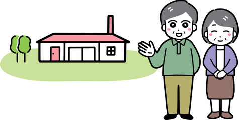 平屋の前に立つ笑顔＆私服のシニア男女(全身)