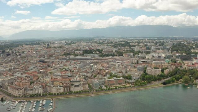 Wide aerial shot towards Geneva train station