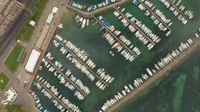 Top down aerial shot of boat marina