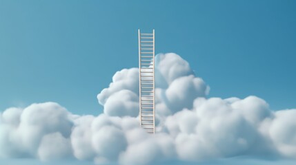 Motivation concept idea of ladder leading up to a puffy cotton cloud on a blue background - obrazy, fototapety, plakaty