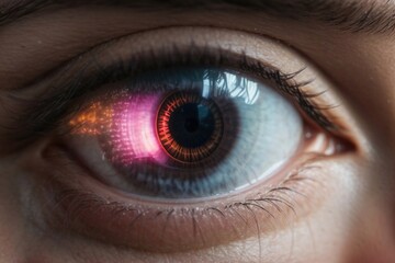 Female eye close up with smart contact lens with digital and biometric implants to scanning the ocular retina. Future concept and hi tech technology for scans to face eye identification