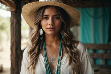 Boho chic woman in a straw hat in a white short blouse and with silver turquoise jewelry. Boho fashion. Hippie style