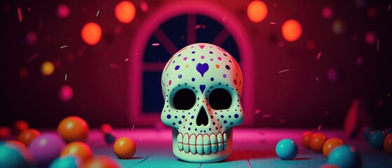 Polka dot neon UV glow painted room and large skull prop for Halloween themed party with matching colorful balls scattered around - generative ai