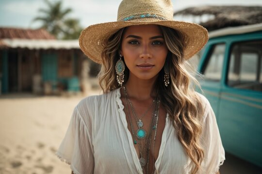 Boho chic woman in a straw hat in a white short blouse and with silver turquoise jewelry. Boho fashion. Hippie style