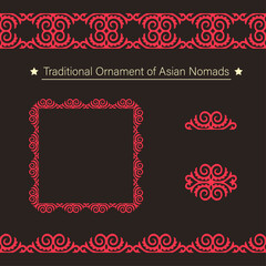 Set of seamless 2 border, 1 frame and 2 vector ornamental elements with motifs of Kazakh, Kyrgyz, Tatar, national Asian decor for borders, textile, plate, tile, and print design. 