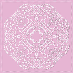 Mandala, lace paper doily, embossed pattern, 3D, round element. Paper cut out design, laser cut template. Vintage lace doily with border. Floral round napkin for your design.